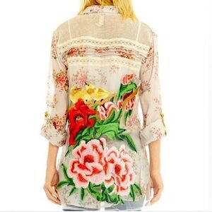 Aratta Silent Journey Garden Party Sheer Floral Button-Up Embroidered Tunic S
